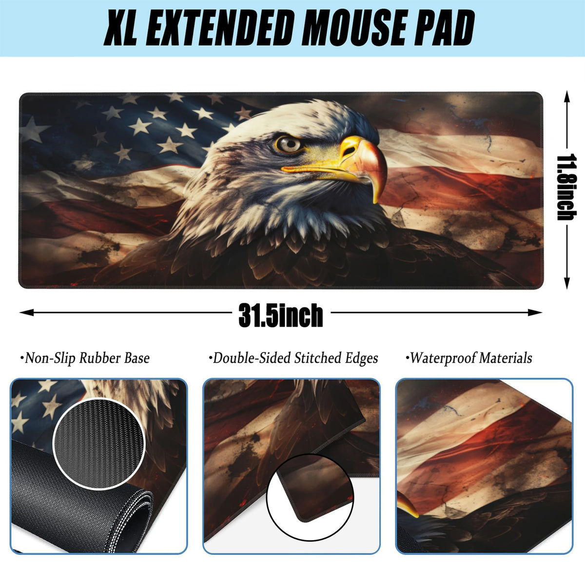 Desk Mat American Bald Eagle Large Gaming Mouse Pad XL (31.5" x 11.8" / American Bald Eagle)