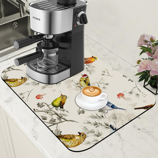 Cute Birds Coffee Mat Absorbent Dish Drying Mat for Kitchen Counter Hide Stain Rubber Backed Coffee Bar Accessories Fit Under Espresso Machine Cafe Table (11.8" x 19.7")