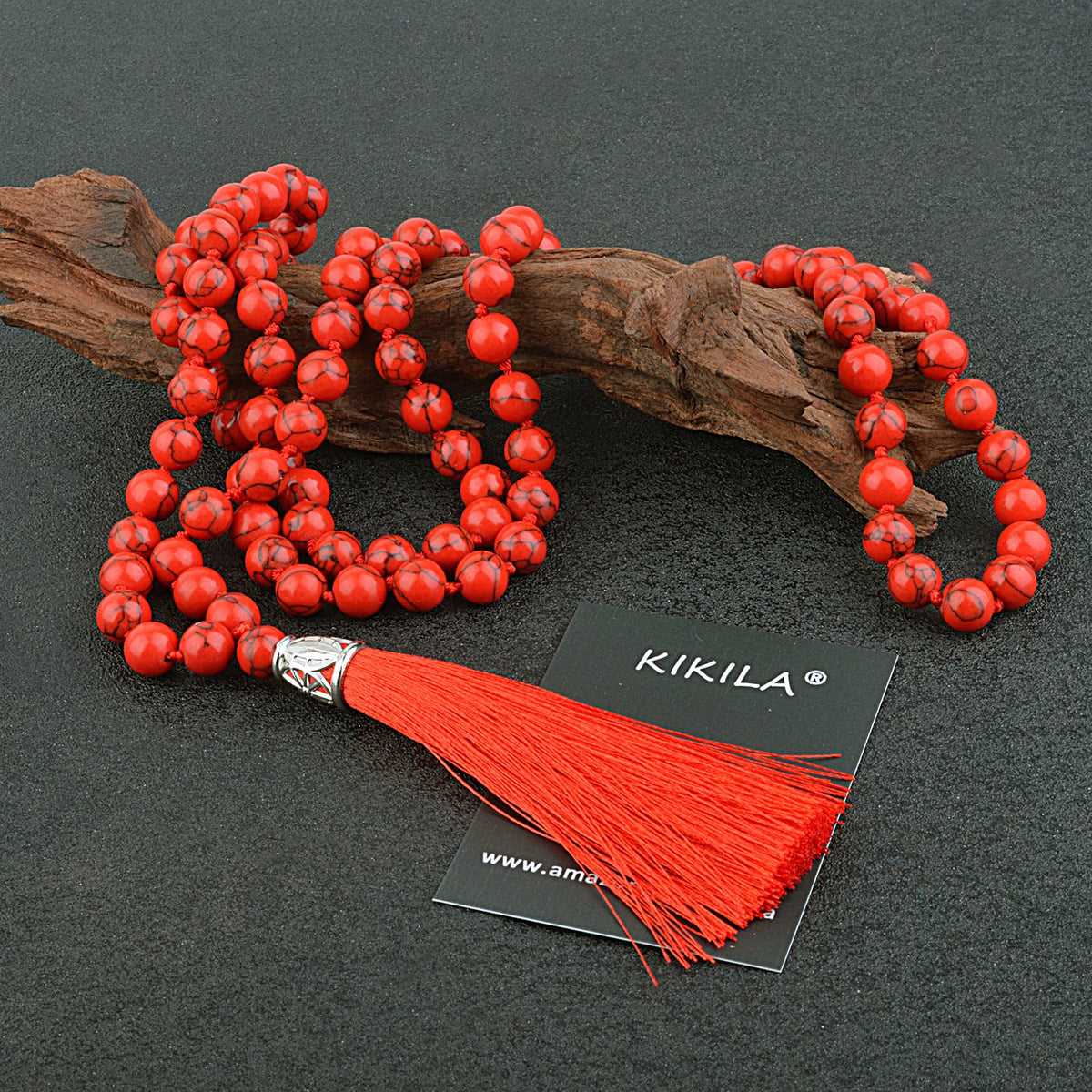 Mala Beads 108 Natural Stone GemStones Japamala Yoga Meditation Hand Knotted Beaded Tassel Necklace for Women Men (Red Turquoise)