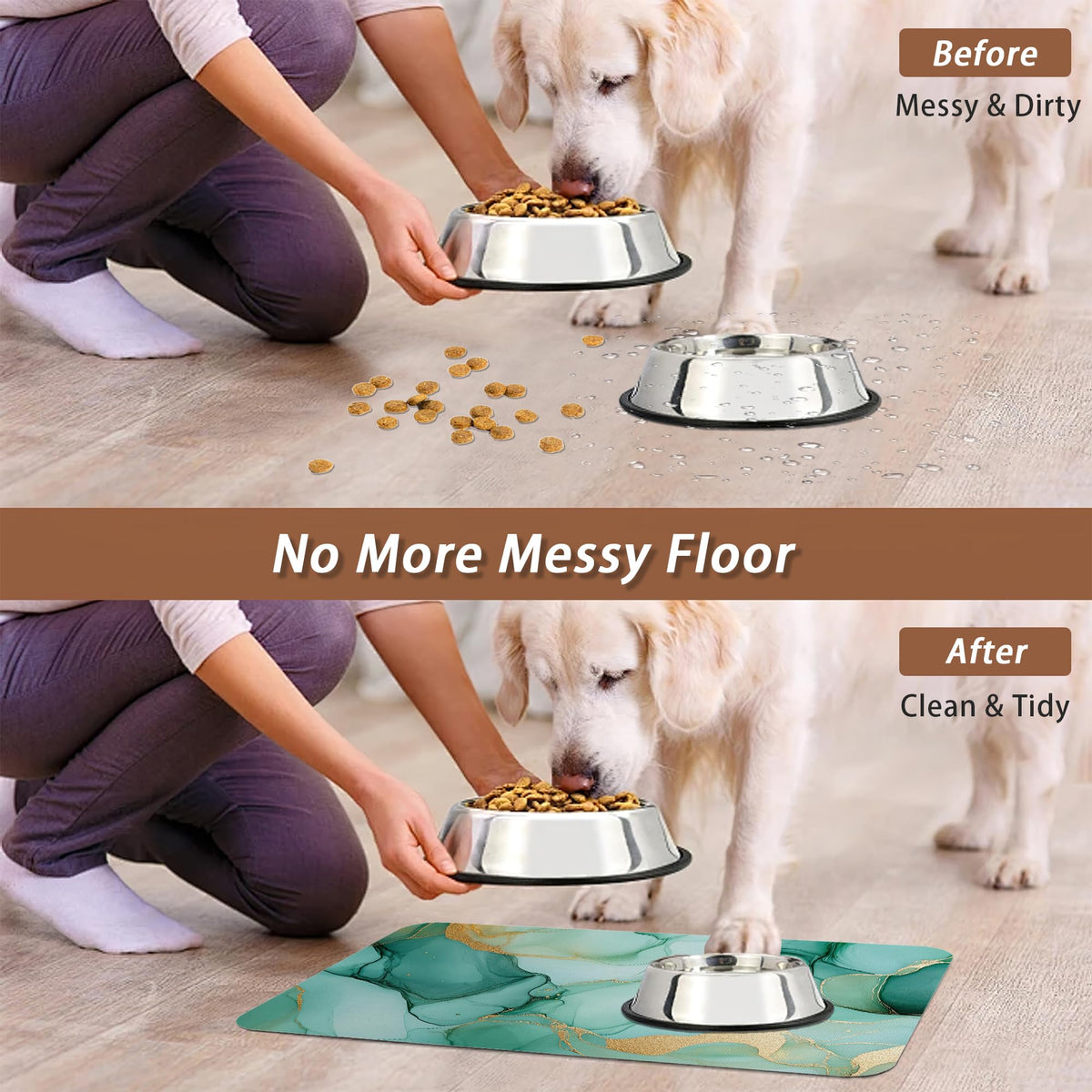 Marble Dog Food Mat for Floors (12"L x 12"W / Green Gold Flowing Marble)