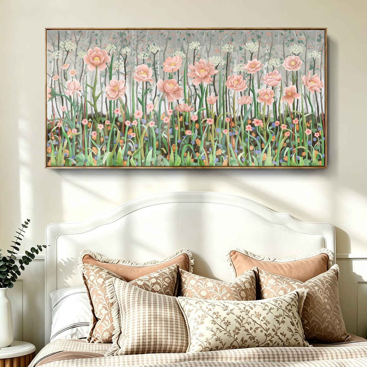 Extra Large Framed Country Modern Natural Landscape Wall Art For Living Room (Pink Green Wall Art / 58"L x 29"W(Framed))