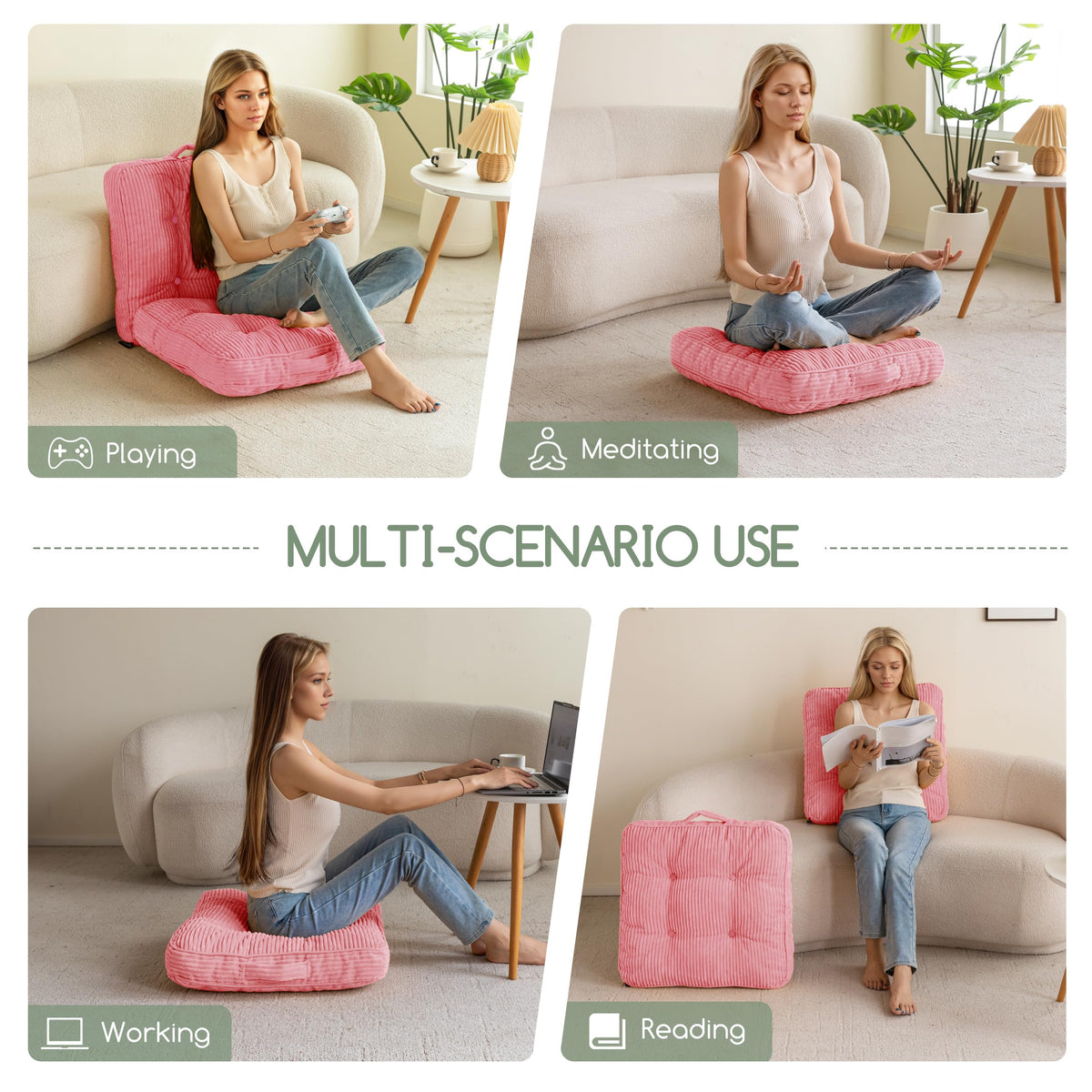 Floor Pillow Cushion for Adults (Square Pink / 4" Thick(Pack of 2))