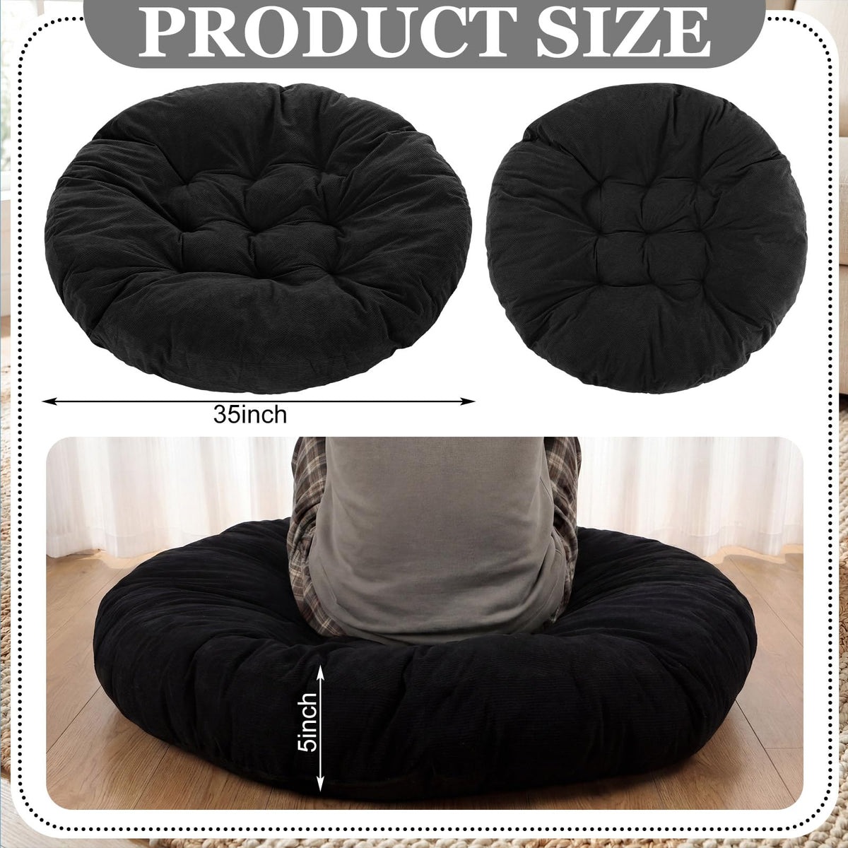 35" Extra Large Round Floor Cushion for Adults (Black / Classic)