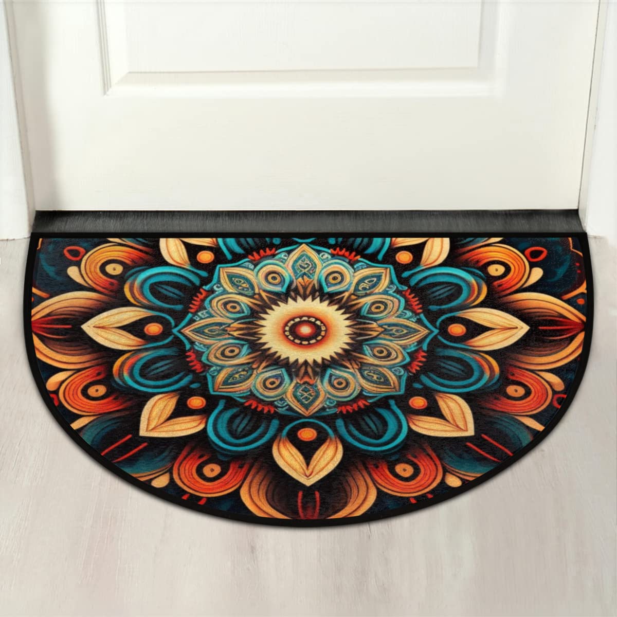Boho Flower Half Round Doormat Ethnic Floral Semi Circle Area Rug Non Slip Indoor Outdoor Entrance Half Moon Rug Absorbent Durable Washable Front Floor Mat for Kitchen Bedroom Patio Fireplace (A05:boho Mandala)