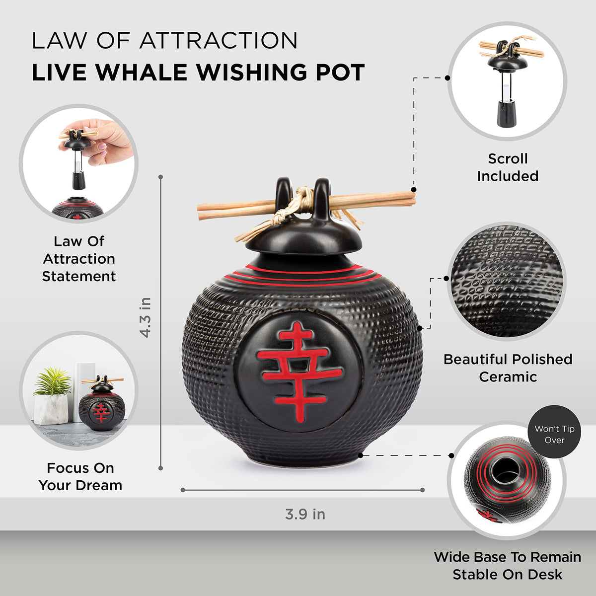 Live Whale Zen Decor Law of Attraction Chinese Style Wishing Pot (red)