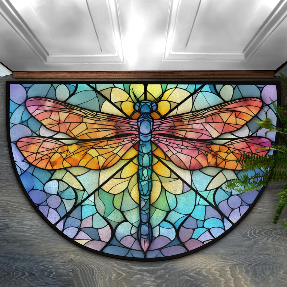 Dragonfly Colorful Stained Glass Half Round Door Mat Indoor Entrance Low Pile Non Slip Absorbent Semi Circle Welcome Mats Doormats 36x24 in Floor Mats for Home Kitchen (Dragonfly Colorful Stained Glass)