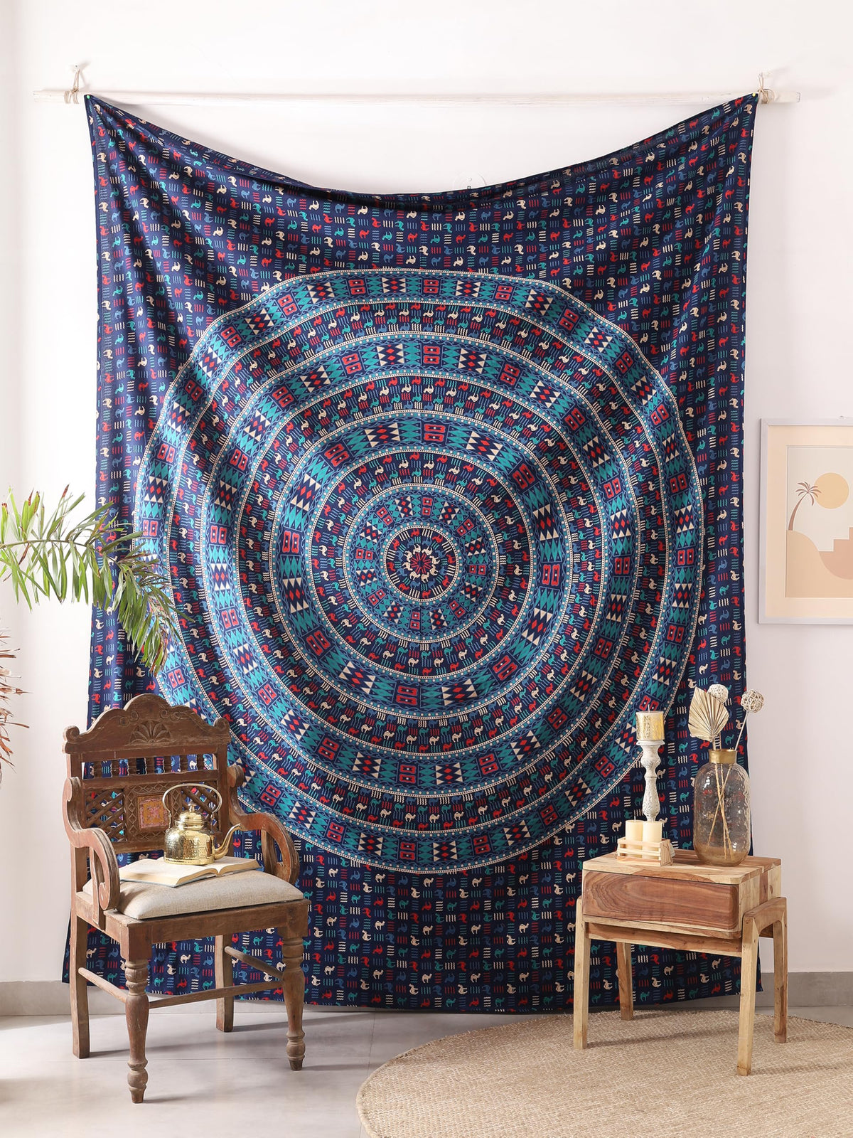 Queen Mandala Hippie Hippy Camel Ethinic Psychedelic Tapestry Wall Hanging (105L" x 81W" / Camel Blue)