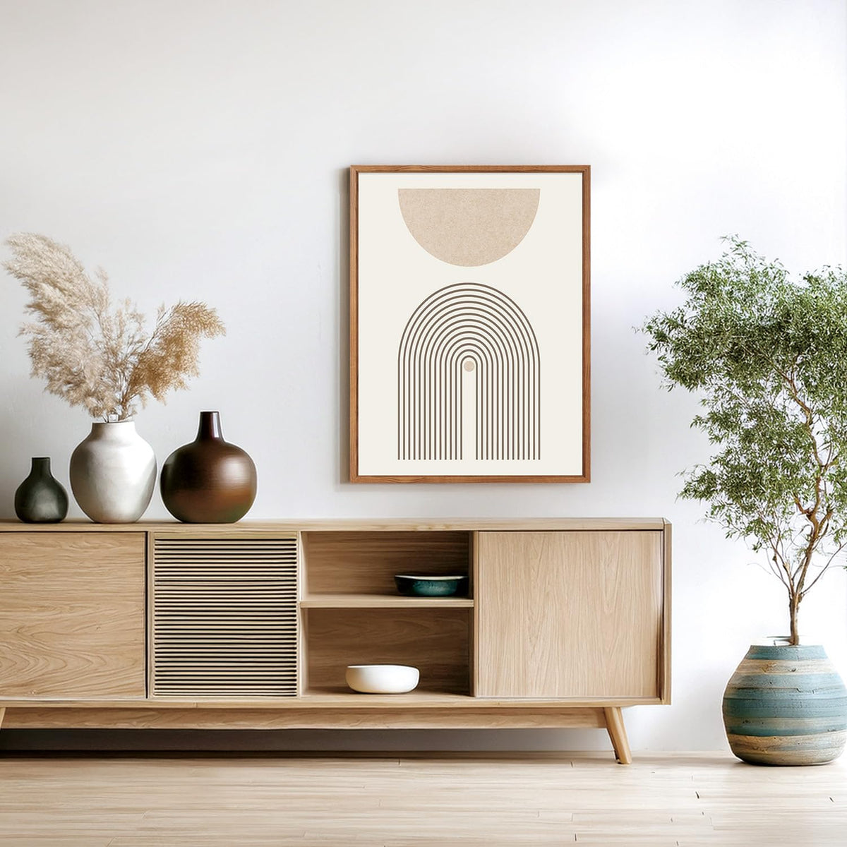 Mid Century Modern Framed Canvas Wall Art Set Of 3 (Abstract line wall art)