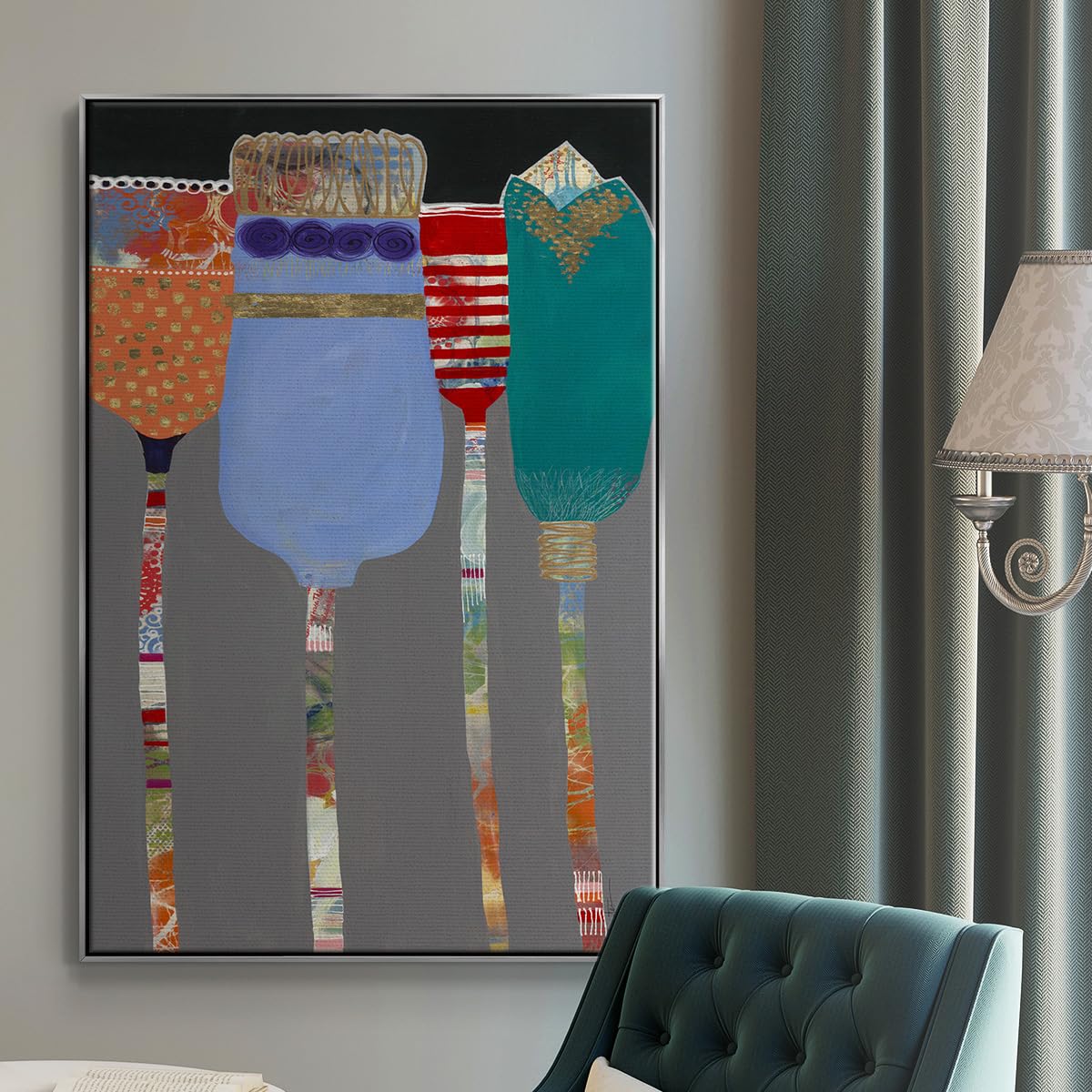 Abstract Floral Wall Art Hanging Paintings Tall Vibrant Color Tulips Flower Canvas Silver Floater Frame Artwork Prints for Office Bedroom Kitchen Walls (37"L x 25"W / Tall Tulips)