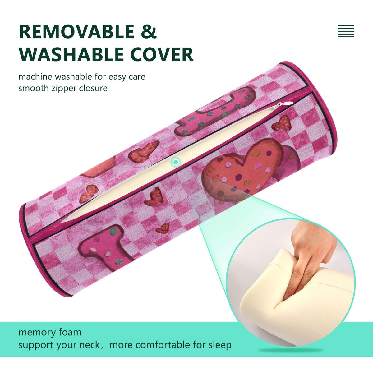 Pink Checkered Valentine Love Hearts Neck Roll Pillow Bolster Round Health Memory Foam Long Cervical Cylinder Pillows with Removable Washable Cover for Body Bed Legs Back Yoga (Pink Checkered Valentine Love Hearts)