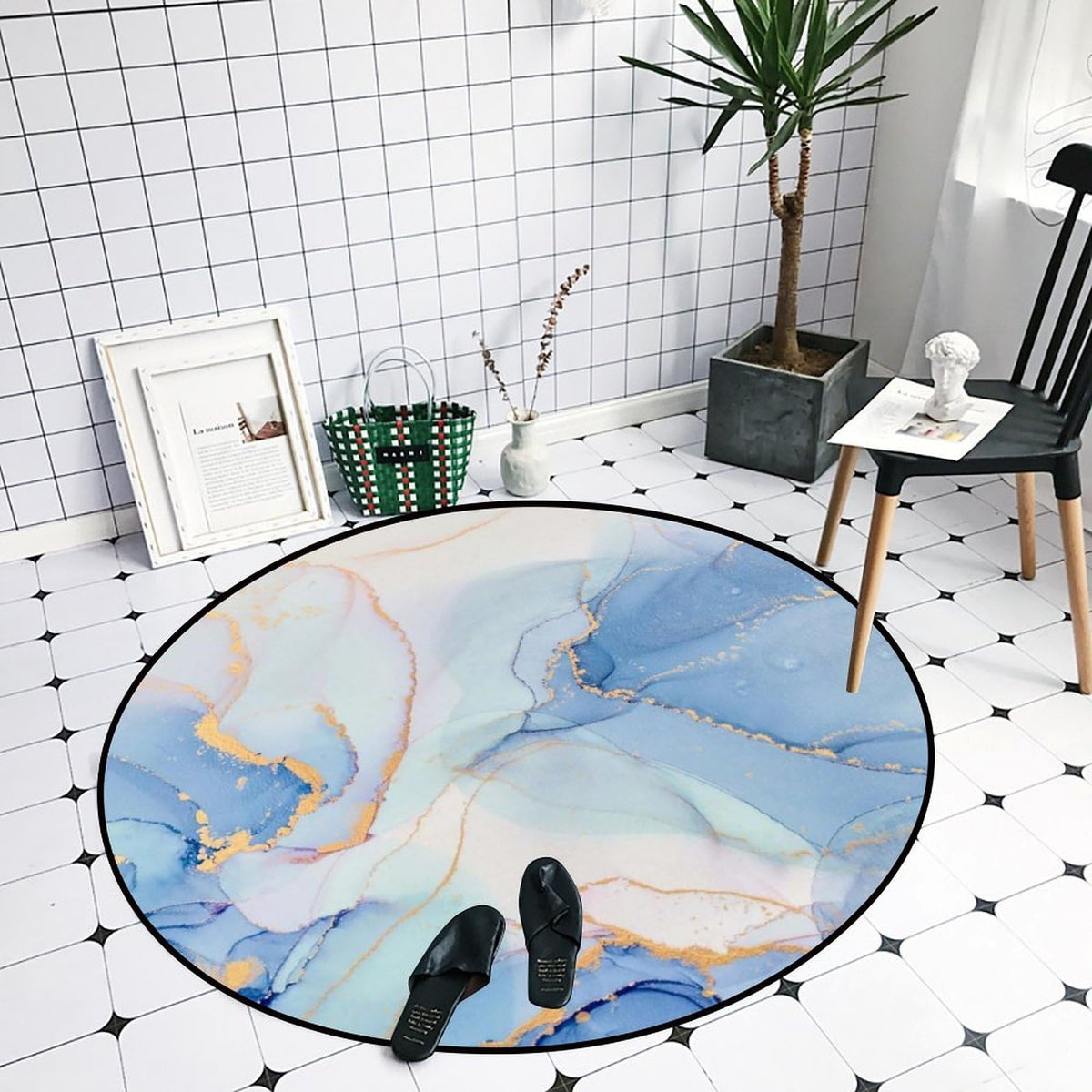 Round Area Rugs 4 FT Washable Non Slip Circle Rug (Light Blue Marble Gilded Texture / 4' (Round))