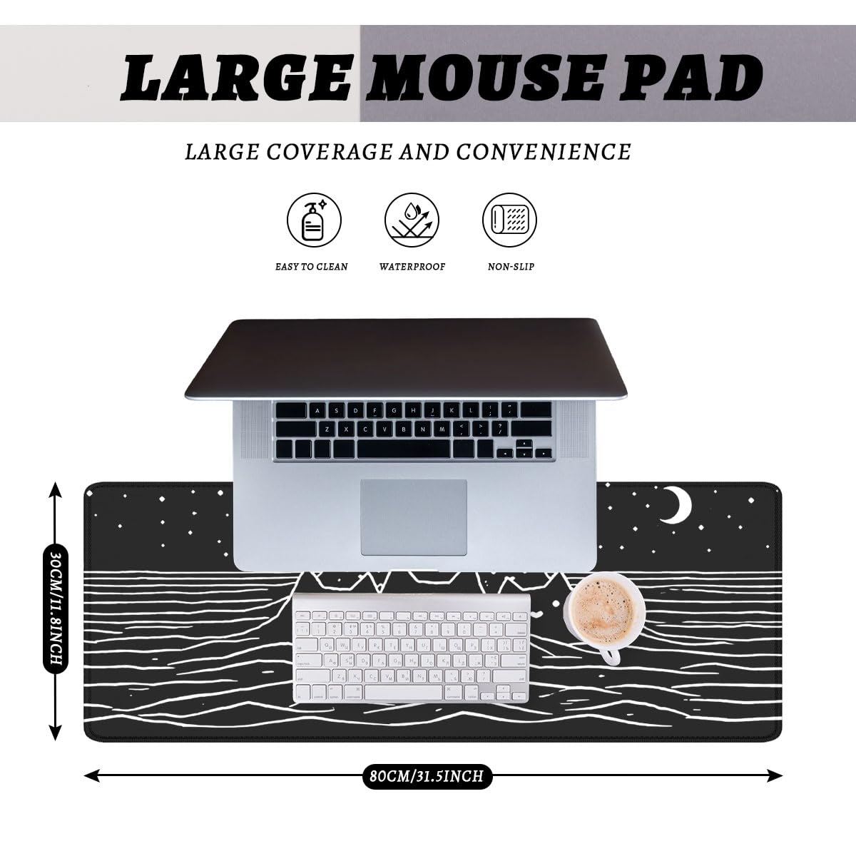 Black White Cat Gaming Mouse Pad Minimal Mountain Ocean Night Large Gaming Mouse Mat with Stitched Edges (31.5L x 11.8W inches / Black White Cat)
