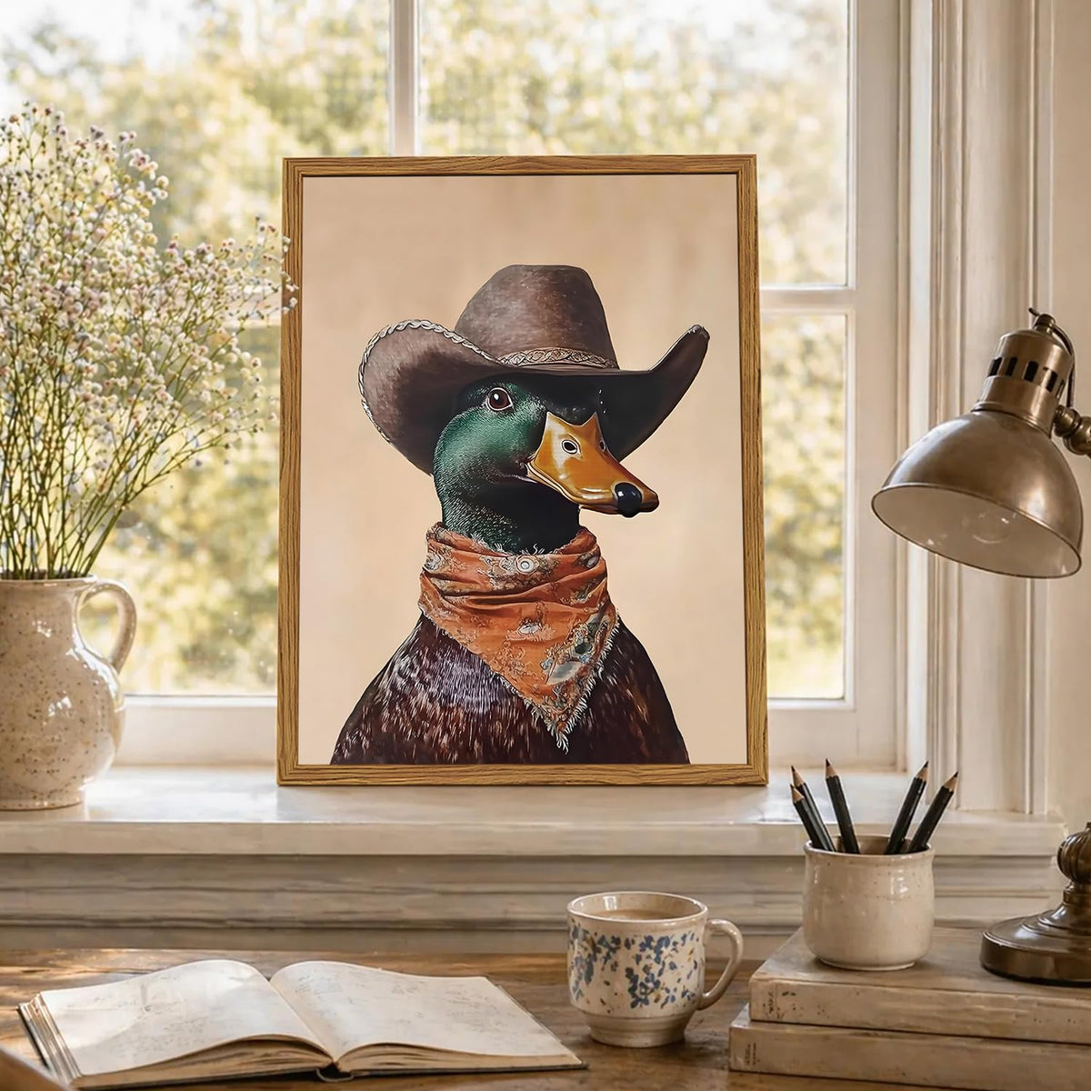 Framed Vintage Western Duck Wall Art (Cowboy Mallard Duck / 16"L x 12"W)
