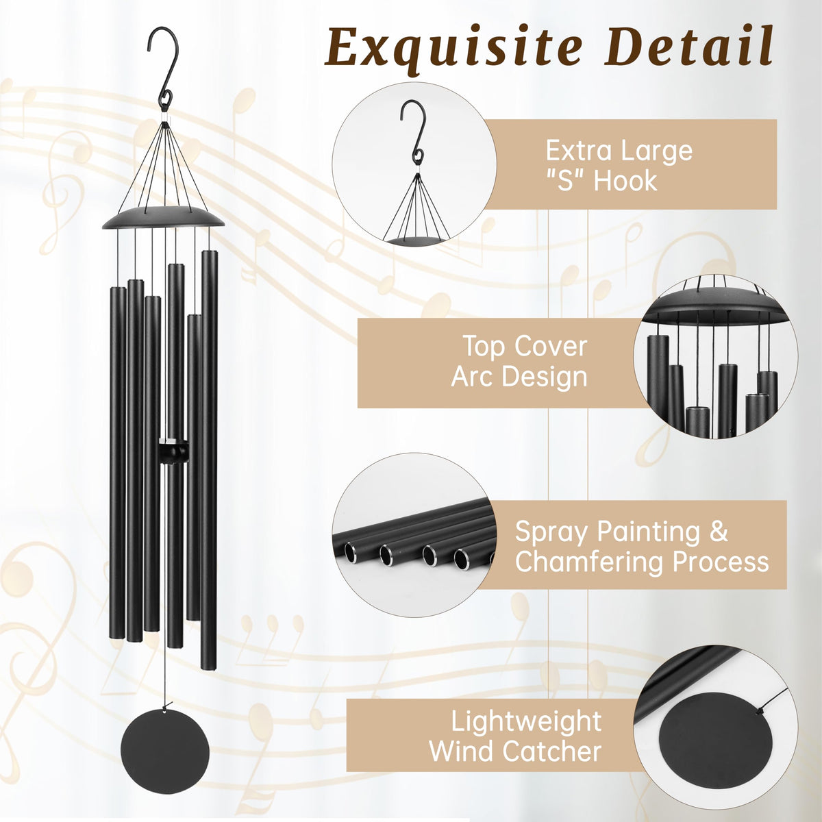 28" Wind Chimes for Outside (Thick Black / 28")