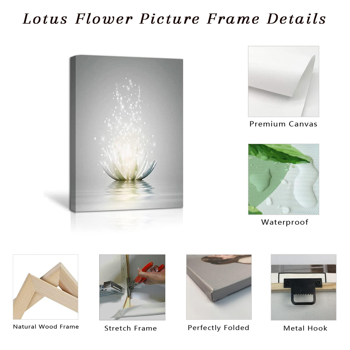 Zen Canvas Wall Art White Lotus Flower Bloom in Water Picture Prints Wall Decor Framed Grey Painting for Yoga Spa Meditation Spiritual Room Decor (Zen Artwork-3 / 24"L x 16"W)