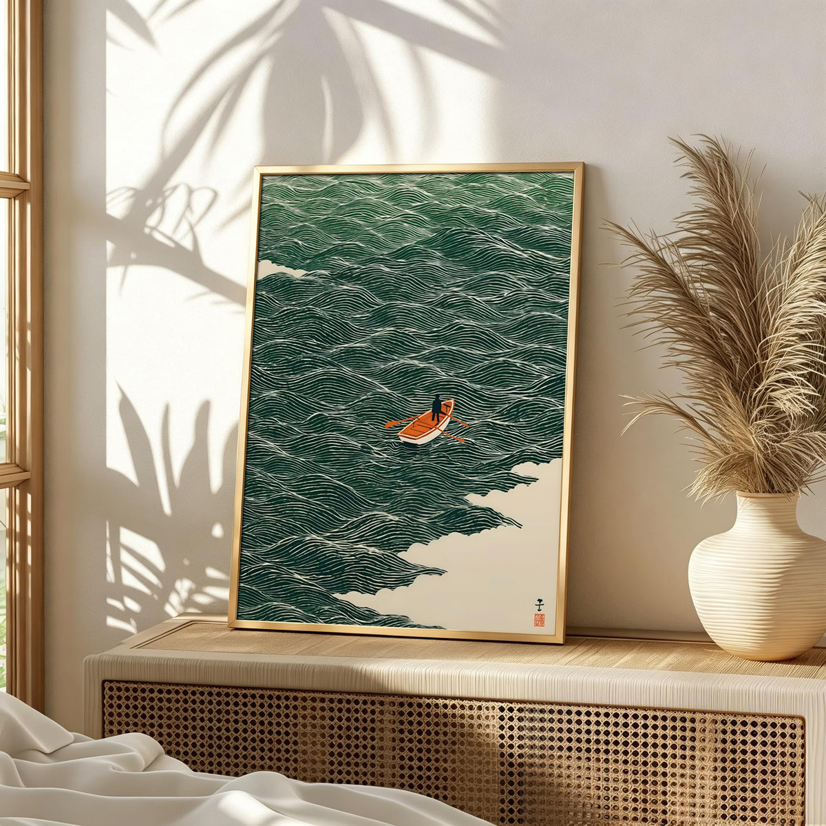 Gold Aluminum Alloy Framed Japanese Green Waves Canvas Wall Art 16X24in (Japanese Waves / 24"L x 16"W)