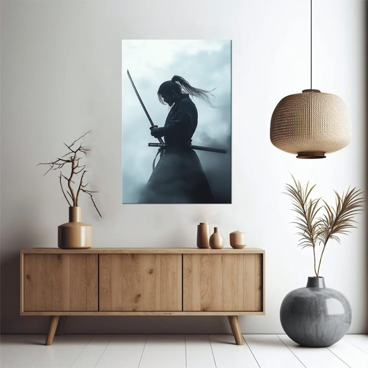 Blue Haze Silhouette Samurai Canvas Framed Wall Art (12"L x 16"W / Samurai17)