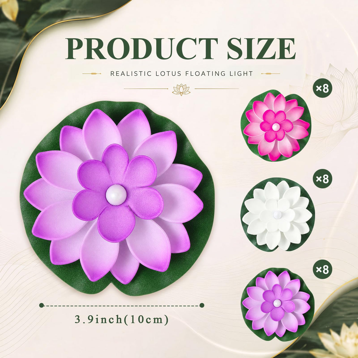 24 Pcs Diwali Floating Lotus Lights (White,Pink,Purple / 3.94 Inch)
