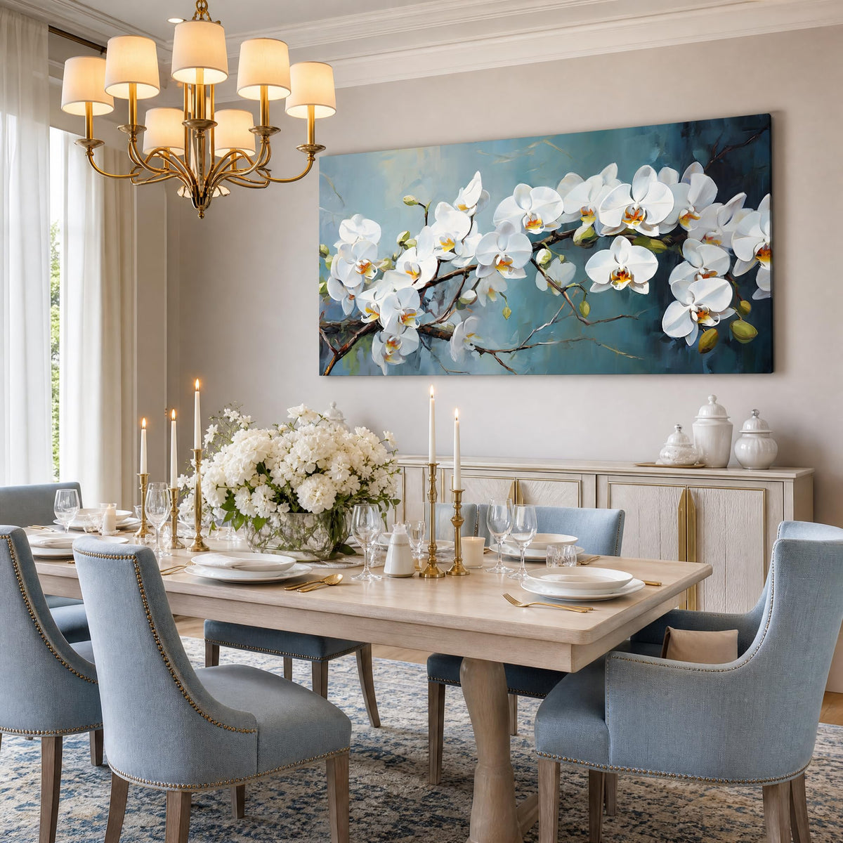 White Orchid Canvas Wall Art Floral Branch Painting Light Blue Background Flat Print Gallery Wrapped Botanical Artwork for Living Room Bedroom Bathroom Decor (Mysterious / White Orchid Blossom 30 / 40"L x 20"W)