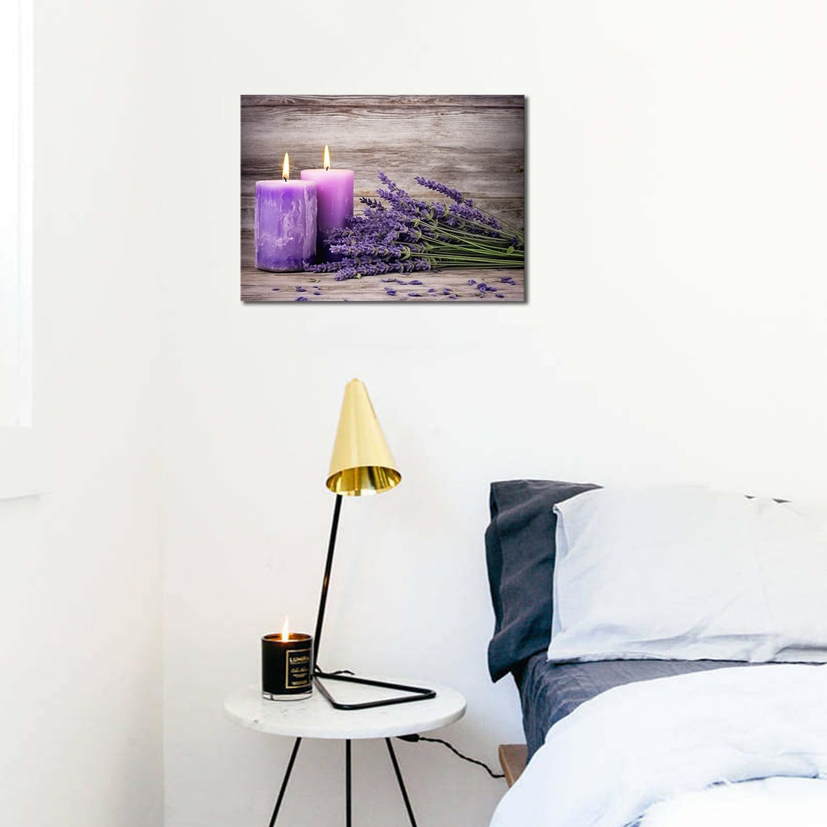 Bathroom Canvas Wall Art Purple Lavender and Candles Picture Print Painting Rustic Vintage Framed Still Life Artwork for Office Kitchen Living Room Spa Room Decor (Artwork 02 / 18"L x 12"W)