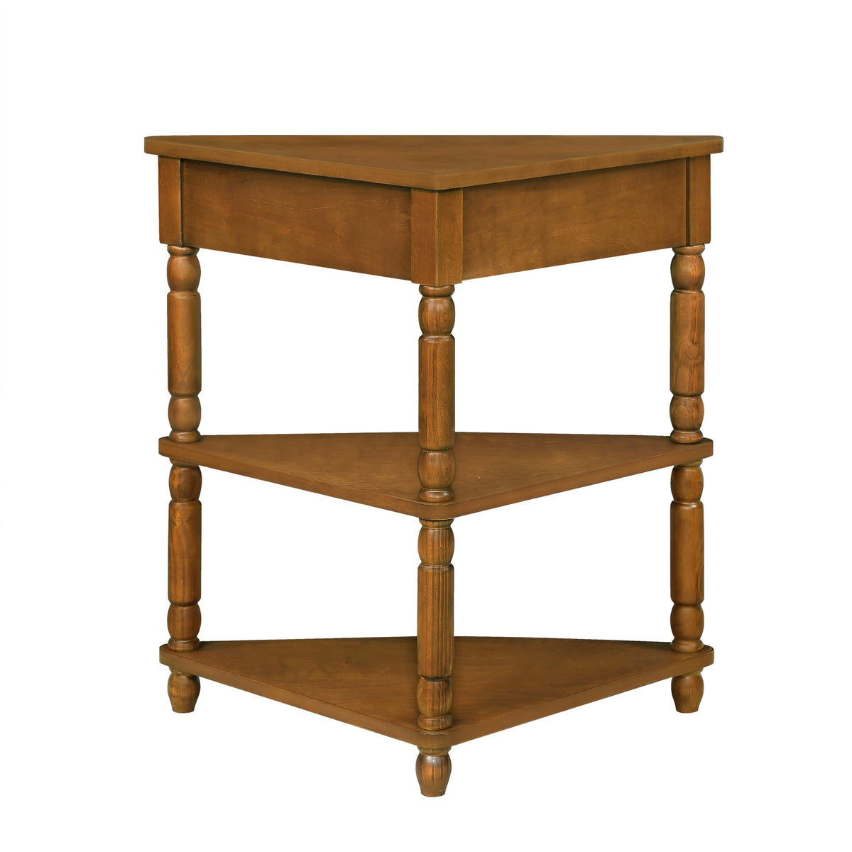 Small Triangle Corner Table Wood Corner Side Tables with Drawer & 2 Open Shelves 3 Tier End Table with Solid Wood Legs for Small Spaces Living Room (33.86"L x 20"W x 34.57"H / Brown)