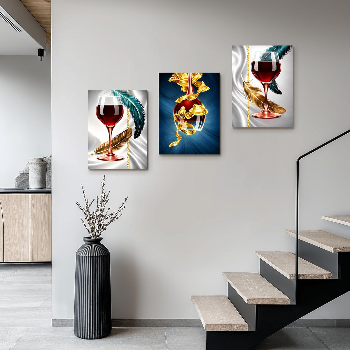 3 Piece Wall Art 16x20 Framed Canvas Wall Decor Modern Wine Glass and Gold Leaf Abstract Pictures for Living Room Bedroom Office Hallway Easy No Drill Hanging with Strips and Hooks (Simple canvas painting57)