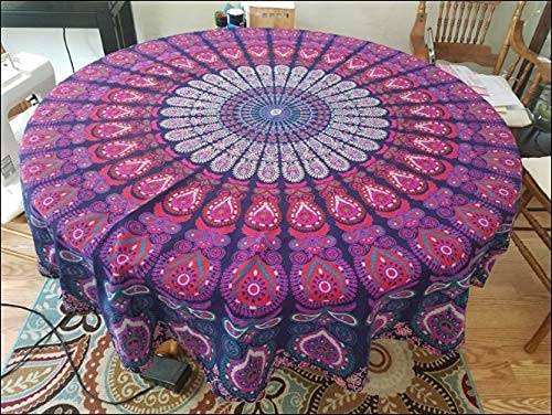 Round Tapestry with Tassel Wall Hanging Ombre Hippie Mandala Bohemian Hippy Intricate Indian Tapestries Tablecloth 70 Inches (Blue Multicolor / 70"L x 70"W)