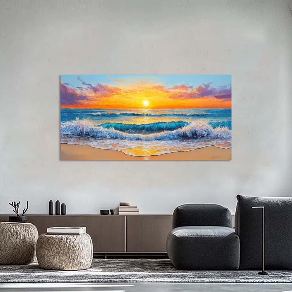 Modern Coastal Canvas Wall Art Beach Sunset Ocean Landscape Painting Flat Print Gallery Wrapped Nautical Farmhouse Home Artwork for Living Room Bedroom Bathroom Decor (Abstract / White Ocean Wave Sunset 16 / 58"L x 28"W)