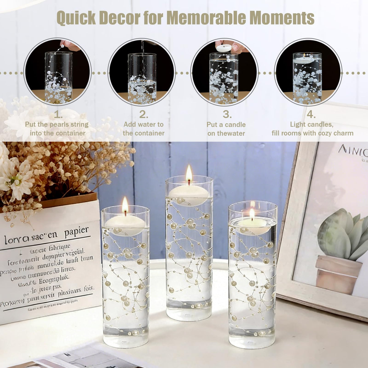 24 Items MANNYCOM 50 Inch Artificial Pearl String for Floating Candle Faux Pearls Beads String Garland Centerpiece Decoration for Vases Filler Valentines Wedding Holiday Party Decor (Beige)