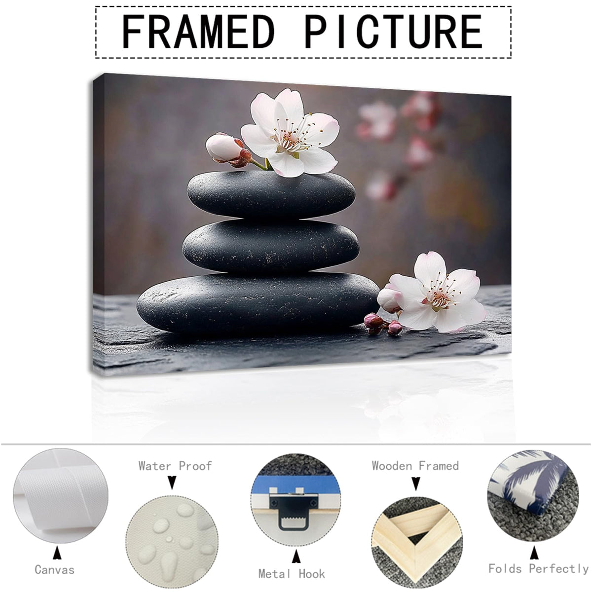 Zen Canvas Wall Art Black Stones with Cherry Blossoms Print Framed Artwork Poster for Yoga Meditation Room Spa Bathroom Decor (WE000050-6 / 24"L x 16"W)