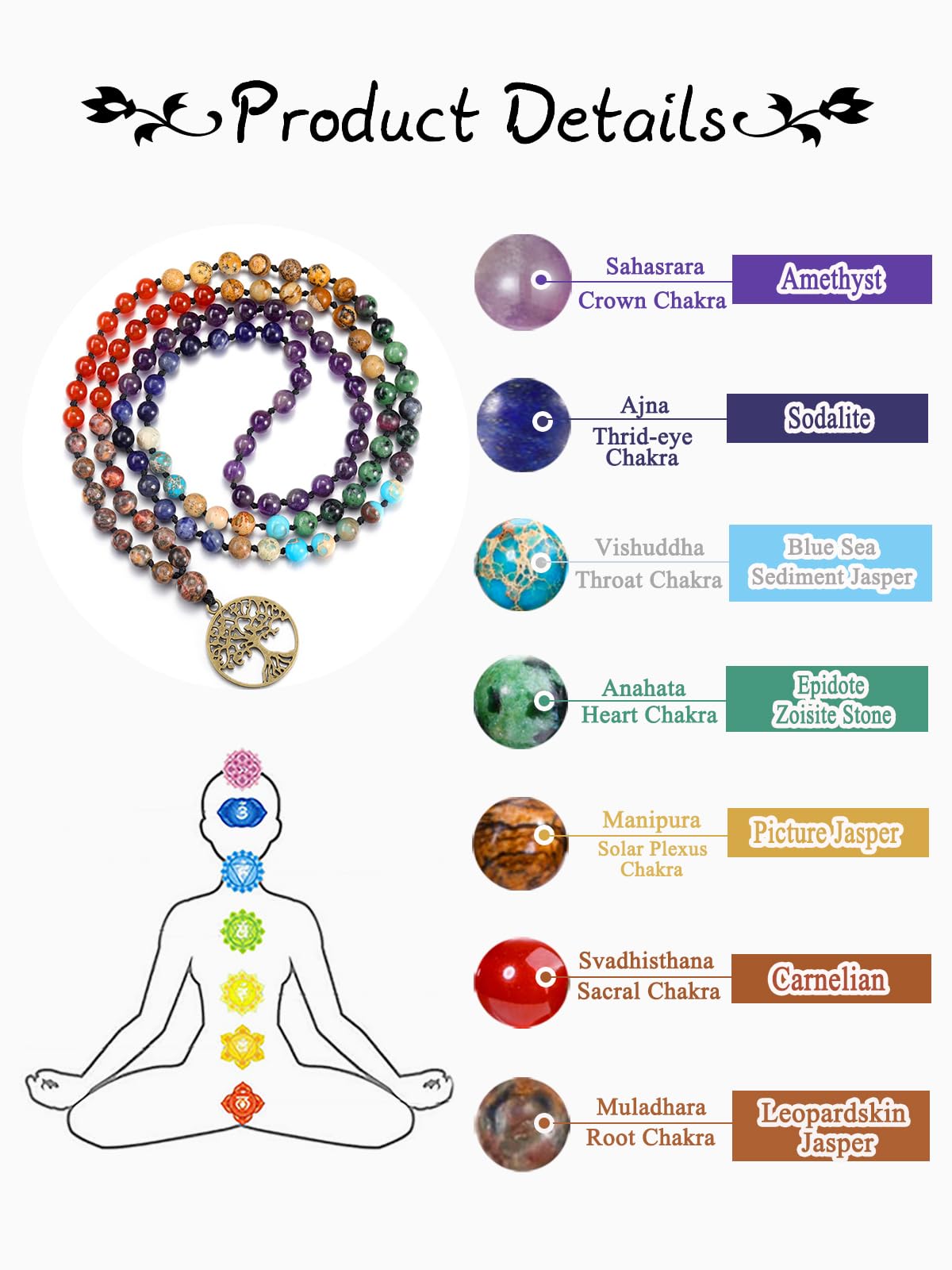 7 Chakra 108 Mala Beads Necklace with Life Tree Charm Natural 6mm Gemstones Prayer Beads Bracelet Mens Women Jewelry for Yoga Meditation (7 Chakra-Life Tree)