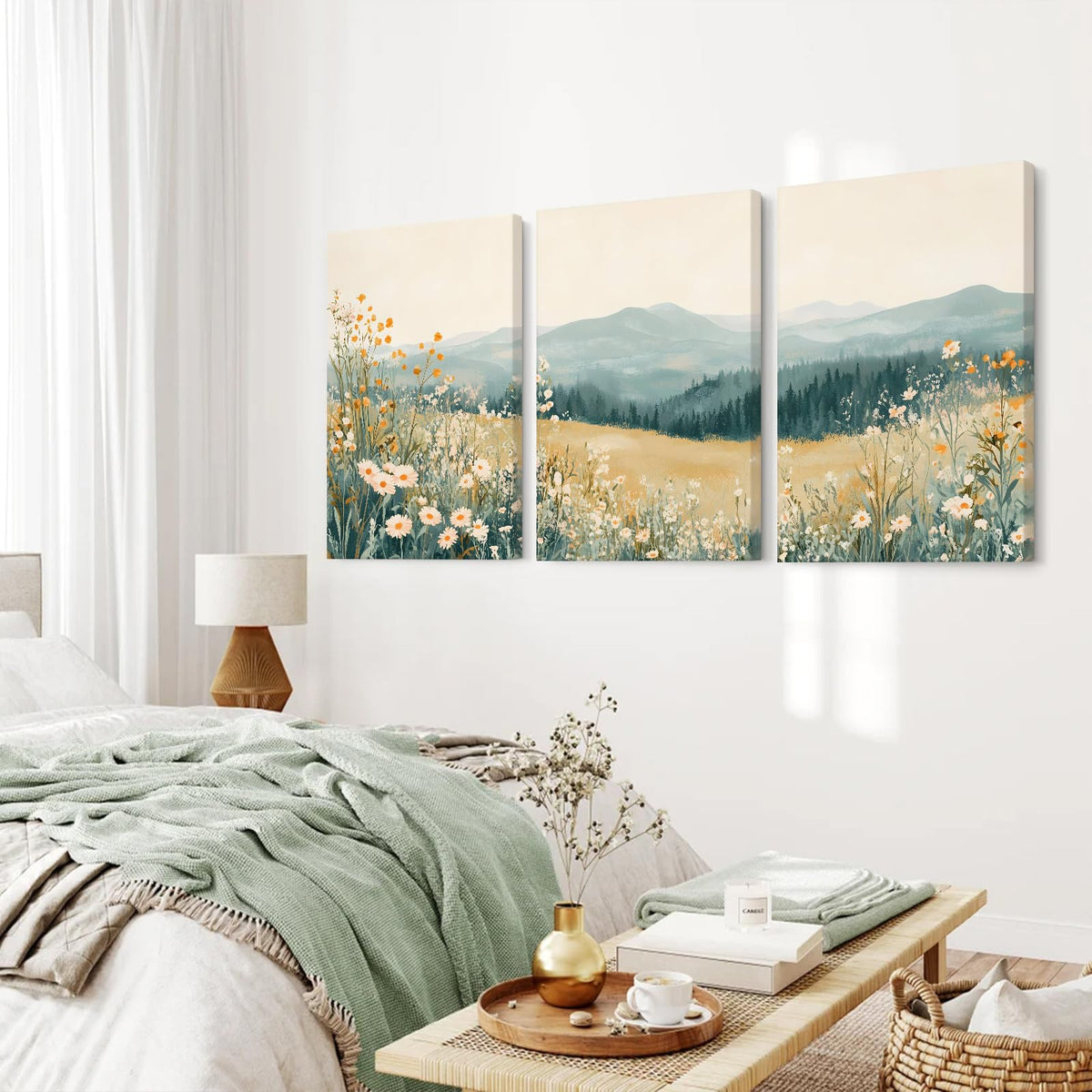 Boho Mountain Flower Wall Art Green Daisy Landscape Canvas Wall Decor Abstract Wildflower Art Prints Watercolor Floral Painting Picture Nature Poster for Living Room Bedroom 16x24x3 Inch Ready to Hang (Green Flower Prints / 16x24 Inch Wrapped Canvas)