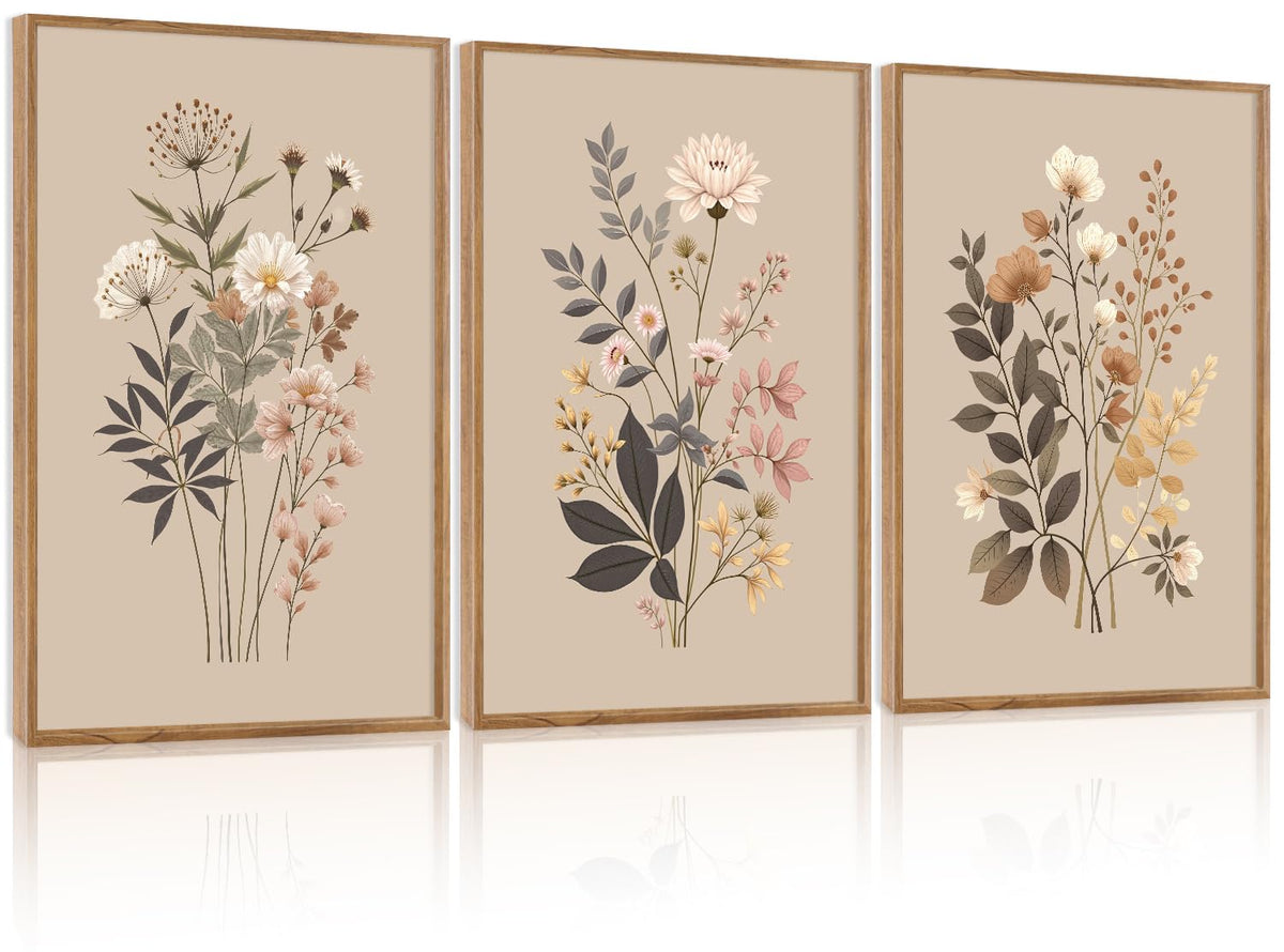 Botanical Flower Framed Canvas Wall Art Set Of 3 (Floral wall art 3)