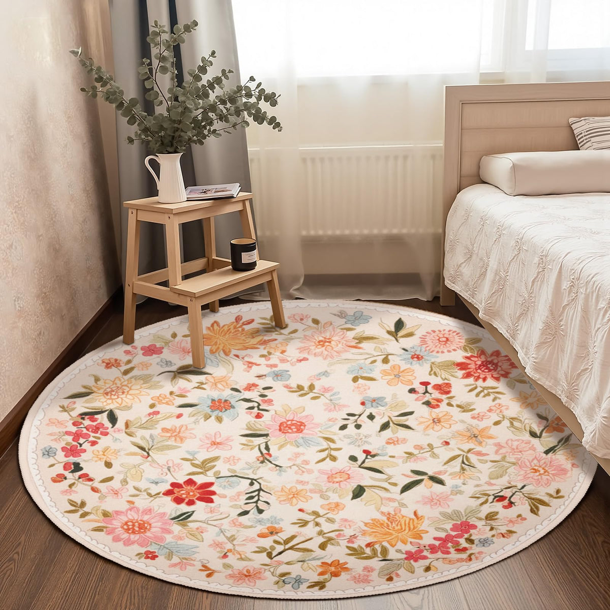 Boho Floral Round Area Rug 4ft (Daily-floral Pink C / 4' (Round))
