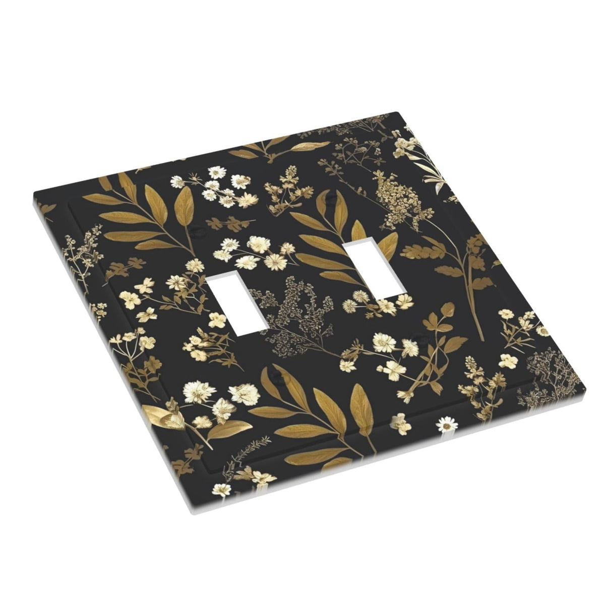 Rustic Boho Sage Leaves Triple Toggle Light Switch Cover 3 (Black Gold Vintage Leaf Floral / 2 Gang Toggle Mid)