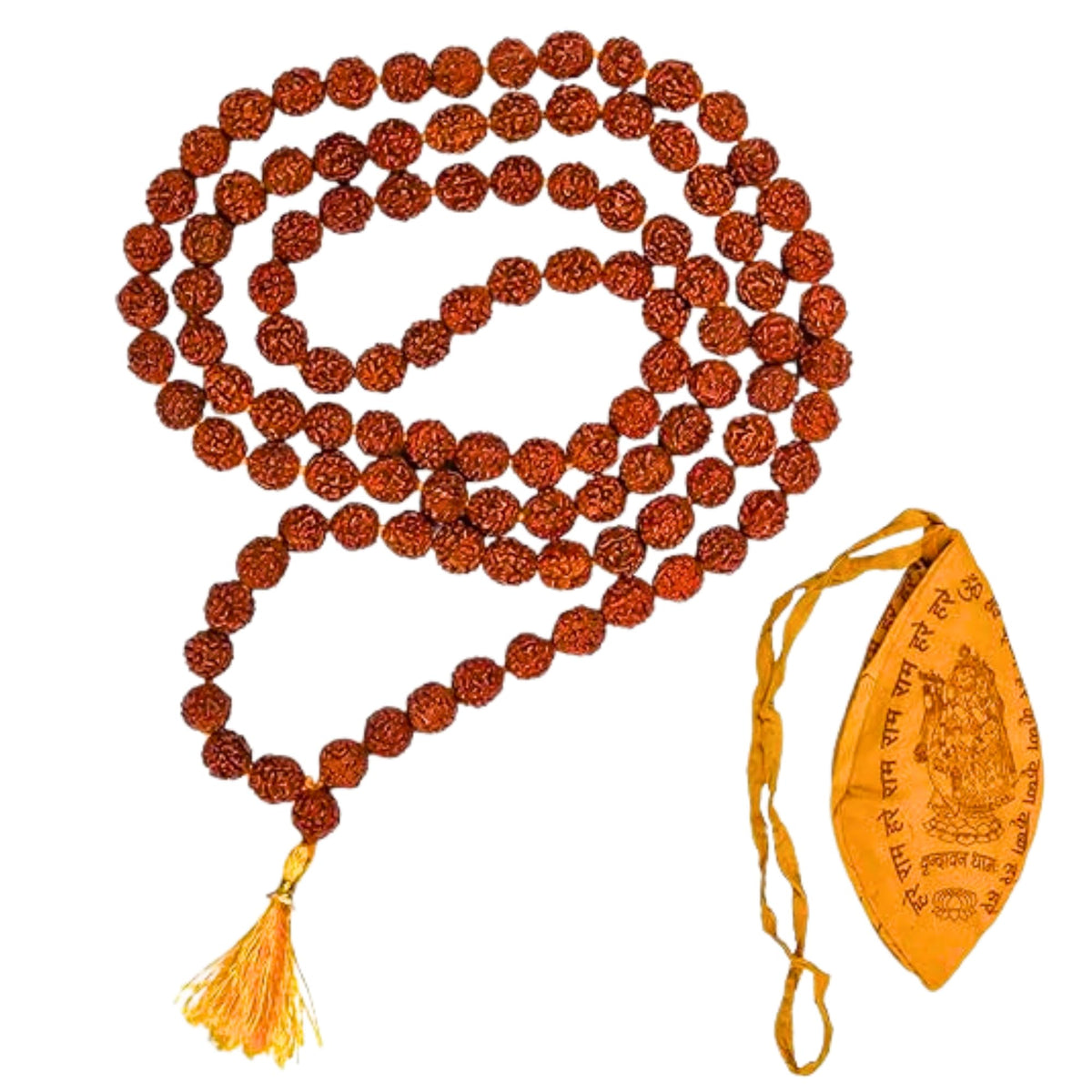 Certified 108 + 1 Beads 5 Face Panchmukhi Rudraksha Kantha Mala with Gaumukhi Japa Bag (108 Beads / 7mm-8mm)