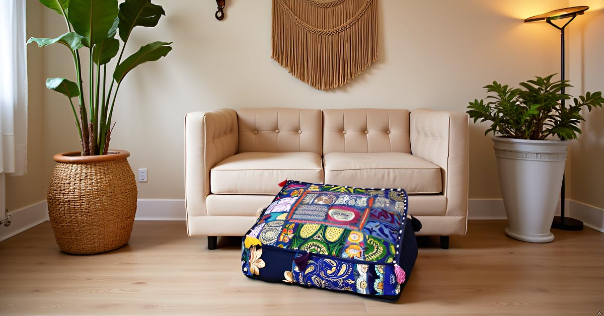 Indian Square Patchwork Traditional Pouf Cover Indian Living Room Poufs Decorative Embroidered Designer Ottoman Home Living Footstool Chair Cover Decor Pillow Cover 18x18x5 inches (18"D x 18"W x 5"H / Blue)