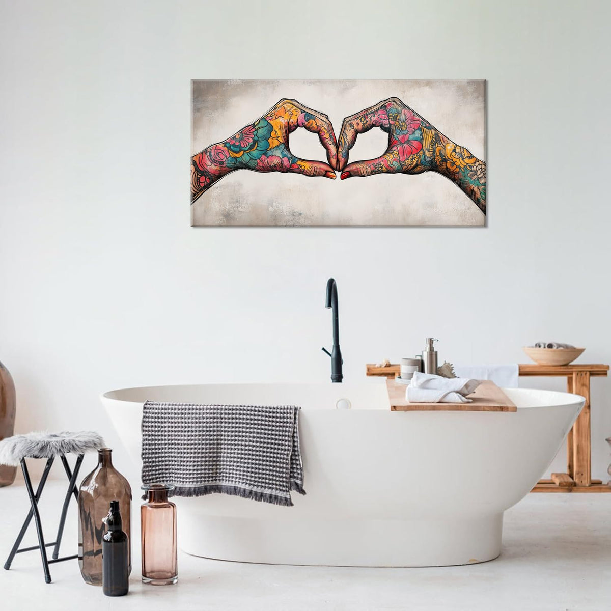 Colorful Two Tattooed Hands Heart Shape Wall Art for Living Room Office Romantic Gesture Contemporary Painting Prints Modern Canvas Artwork Dining Bedroom Decor (Contemporary / Colorful TwoTattooed Hands Wall Art / 40"L x 20"W)