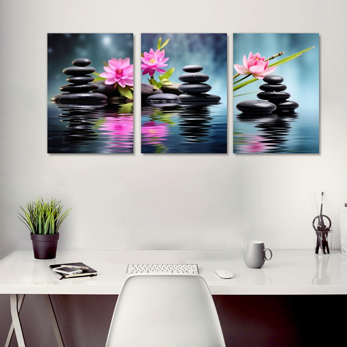 Zen Wall Art 3 Pieces Bathroom Decor Pink Lotus and Massage Stones on Water Pictures Meditation Painitng Canvas Prints Relax Artwork for Spiritual Room Home Decor Framed (Lotus-2 / 20.00"x28.00"x3P)
