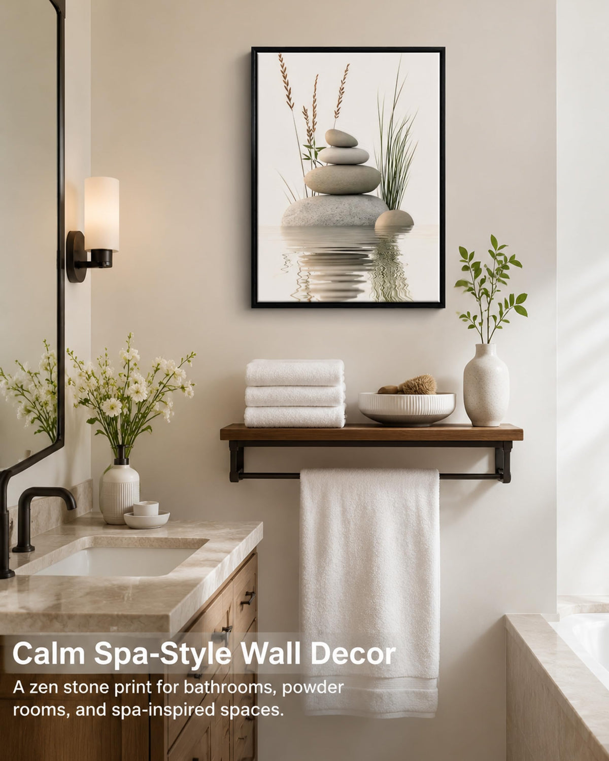 Framed Zen Stone Spa Canvas bathroom Wall Art (Framed Zen / 10"L x 8"W)