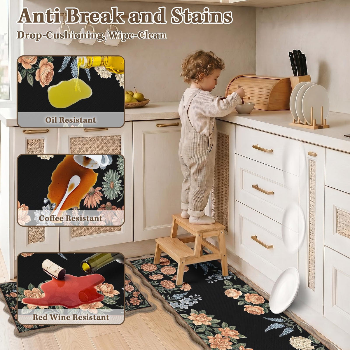 Anti Fatigue Kitchen Mats Set of 2 (Vintage Floral / 17.3''x29.9''+17.3''x47'')