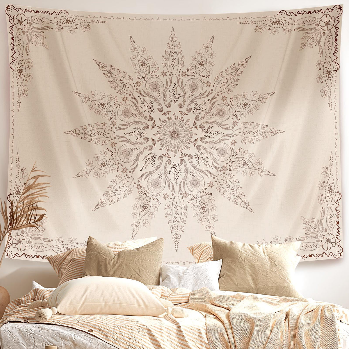 Floral Tapestry Wall Hanging Cute (59.1"L x 49.2"W / Flaxen)