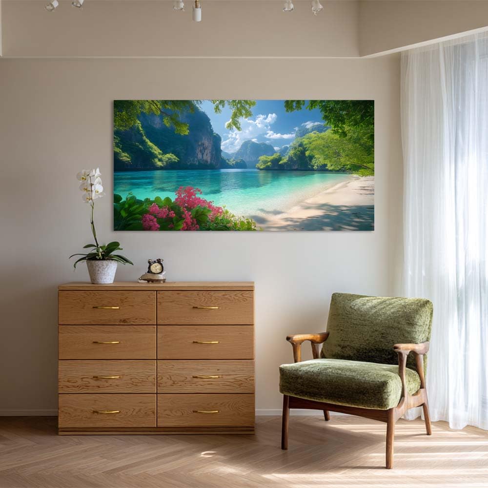 White Tropical Lagoon Beach Wall Art Art Deco Painting Prints Canvas (Coastal / White Lagoon Beach 105 / 46"L x 23"W)