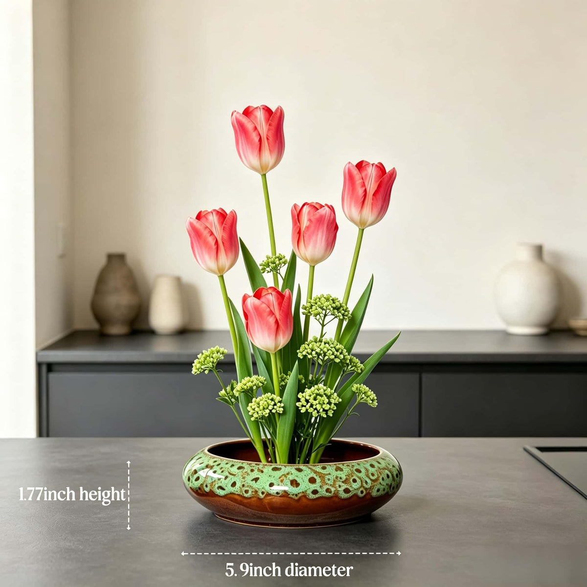 Ikebana vase kit Ceramic Flower Frog Set Kenzan Flower Shallow Bowl Flower Arrangement Kit Zen Decor for Home Office (Kiln Green)
