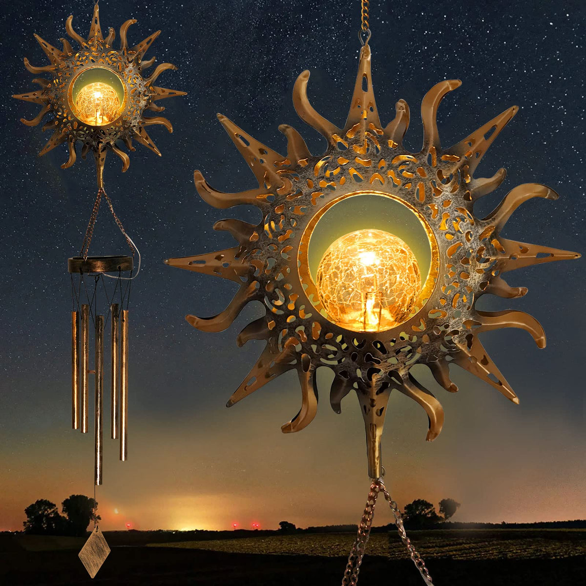 Sun Wind Chimes Solar Retro Windchimes Sympathy Gift (Sun)