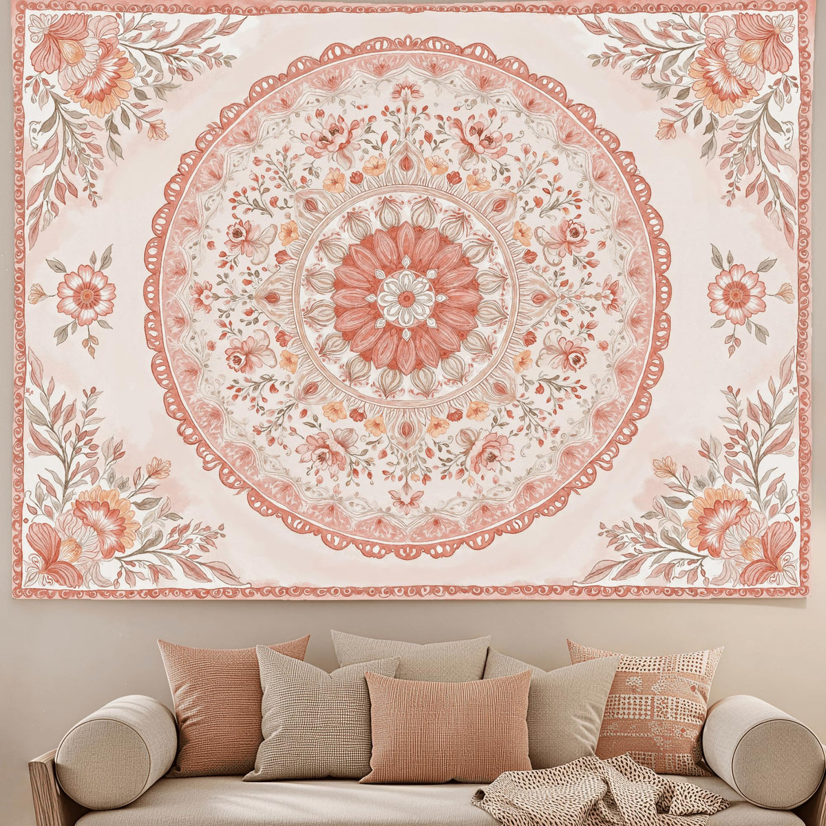Pink Mandala Tapestry Wall Hanging Boho Floral Tapestry Aesthetic Watercolor Flower Medallion Cute Small Tapestries for Bedroom Living Room Dorm Decor 60 x 44 Inch (Bohemian / Peach Pink / 60"L x 44"W)