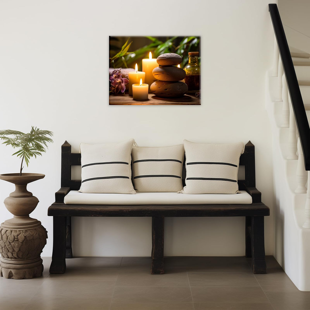 Zen Canvas Wall Art Stacked Spa Stones White Candle Painting Relaxation Artwork Meditation Decor for Spa Yoga Room Bathroom Ready To Hang (Artwork-3 / 30"L x 20"W)