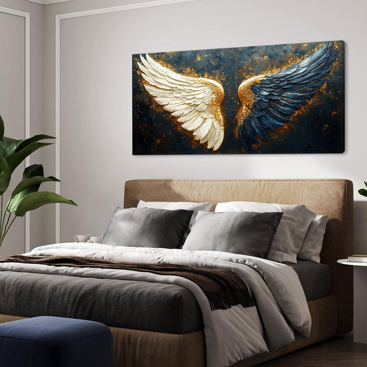 Multicolor Angel Wings Wall Art for Living Room Office Spiritual Symbolism Abstract Expressionism Painting Prints Modern Canvas Artwork Dining Bedroom Decor Large (Abstract / White Blue Gold Angel Wings Wall Art / 46L" x 23W")