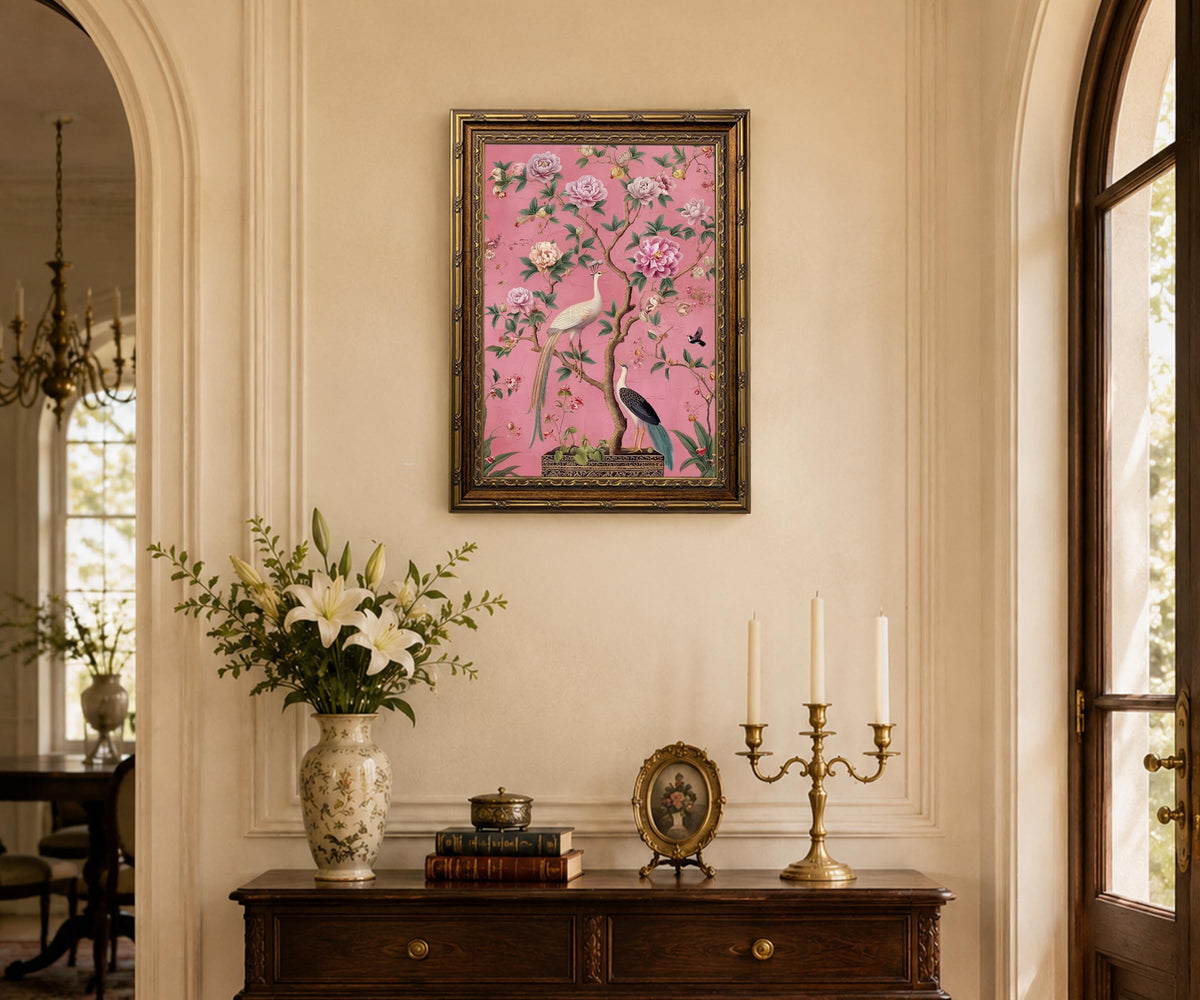 Vintage Gold Framed Chinoiserie Floral Bird Wall Art Vintage Botanical Peony Painting Print (BirdsPeacocks / 8"L x 10"W)