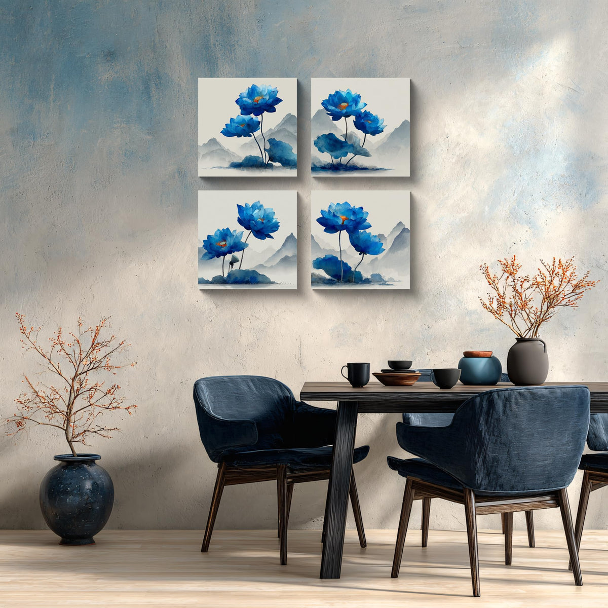 4PCS Blue Lotus Wall Art Chinese Ink Painting Style Watercolor Flower Canvas Print Oriental Botanical Artwork Modern Zen Landscape Decor for Living Room Bedroom Office Meditation Space (12X12inchX4 / Blue Lotus-2)